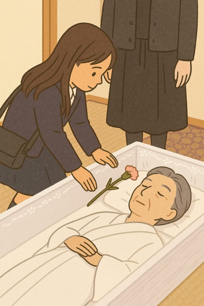 和歌山市の直葬。納棺後に子供がお花を入れている。