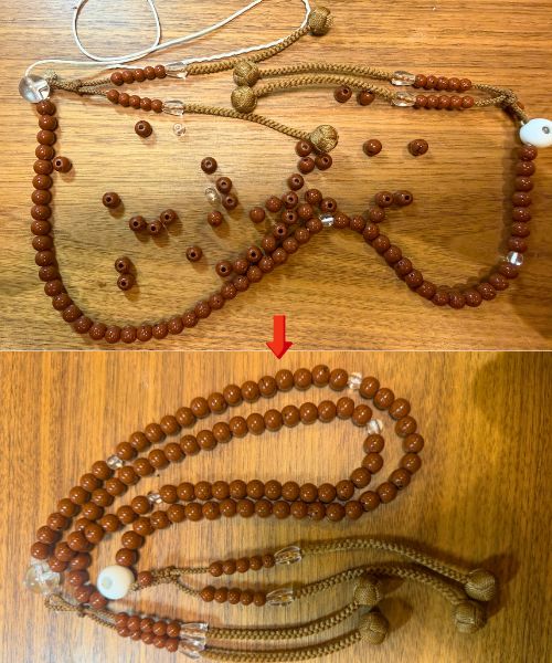 故人が大切に持っていた数珠。綺麗に繋げお直しをして手に持っていただきました